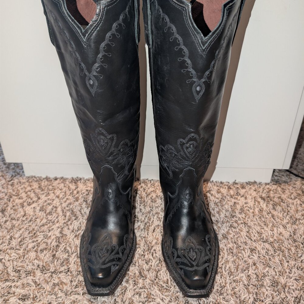 Tony Lama Black Leather Tall Western Cowboy Boots Women's 7.5B USA Made - Picture 4 of 10